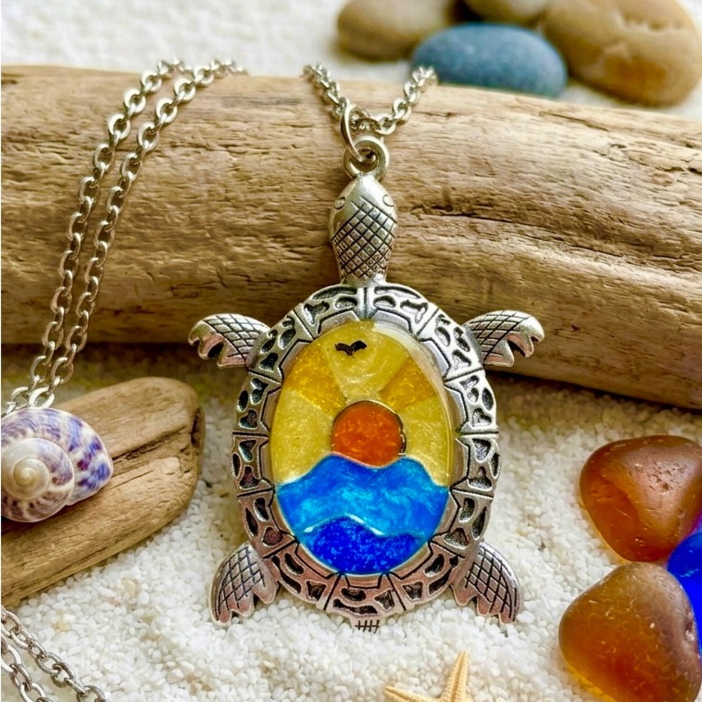 Ocean Sunset Sea Turtle Pendant Necklace